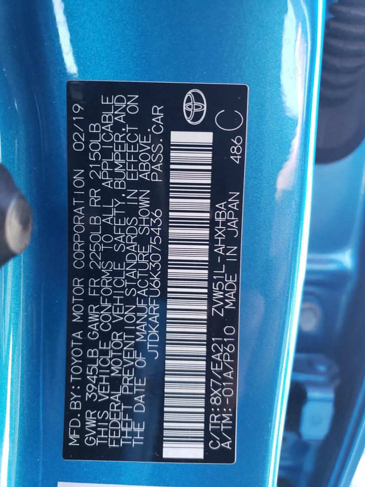 2019 Toyota Prius VIN JTDKARFU6K3075436 Copart auction photo, rear end / minor dent/scratches damage thumbnail 13