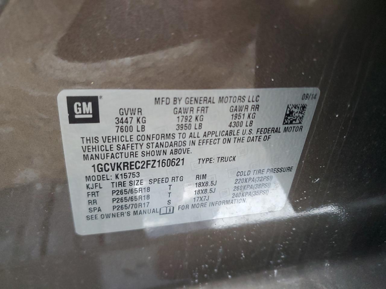 2015 Chevrolet Silverado VIN 1GCVKREC2FZ160621 Copart auction photo, front end / side damage thumbnail 12