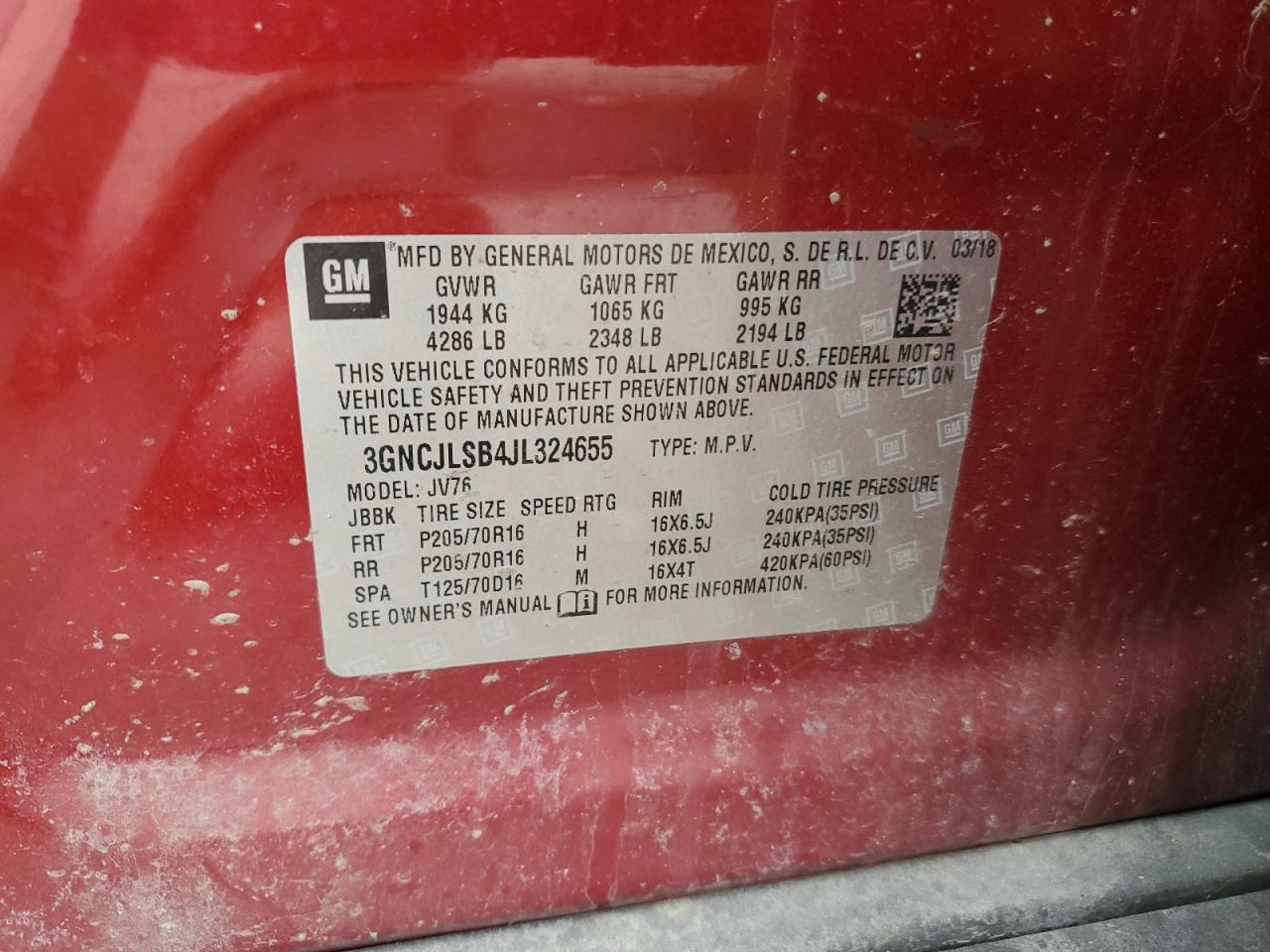 2018 Chevrolet Trax VIN 3GNCJLSB4JL324655 Copart auction photo, front end / rear end damage thumbnail 13