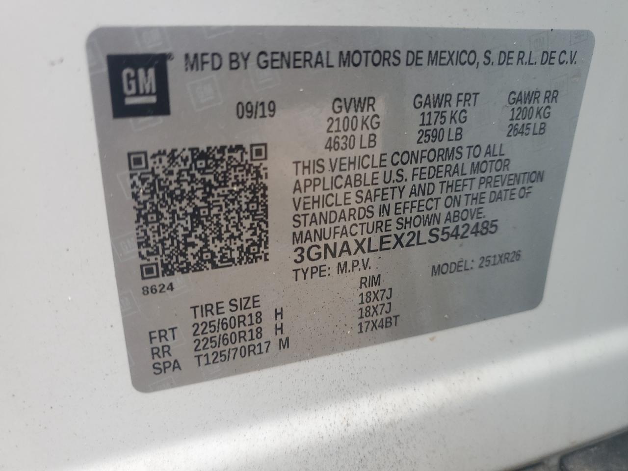 2020 Chevrolet Equinox VIN 3GNAXLEX2LS542485 Copart auction photo, all over damage thumbnail 14