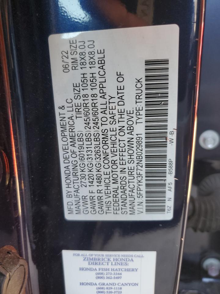 2022 Honda Ridgeline VIN 5FPYK3F72NB029891 Copart auction photo, rear end damage thumbnail 14