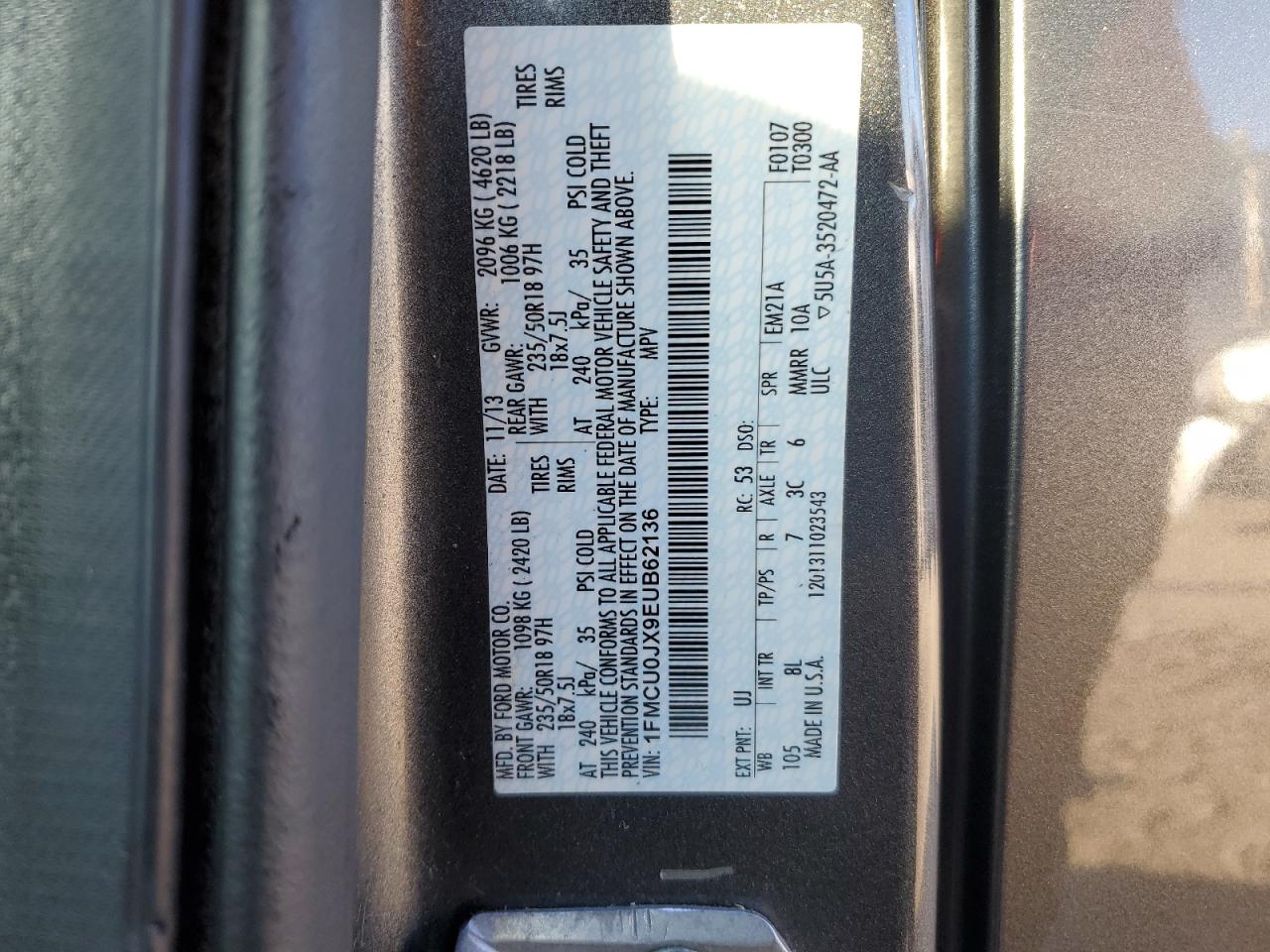 2014 Ford Escape VIN 1FMCU0JX9EUB62136 Copart auction photo, rear end damage thumbnail 13