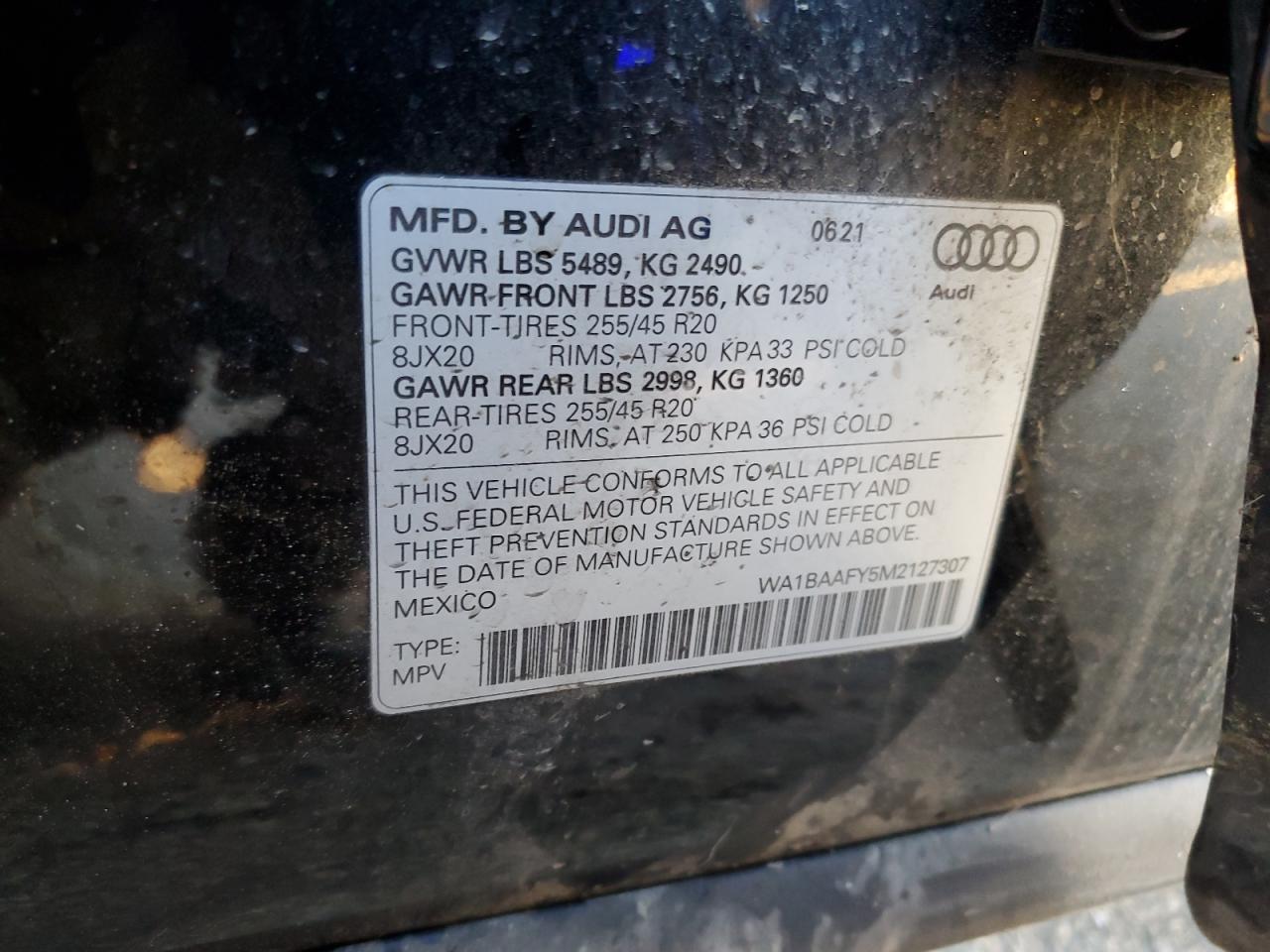 2021 Audi Q5 VIN WA1BAAFY5M2127307 Copart auction photo, front end / side damage thumbnail 13