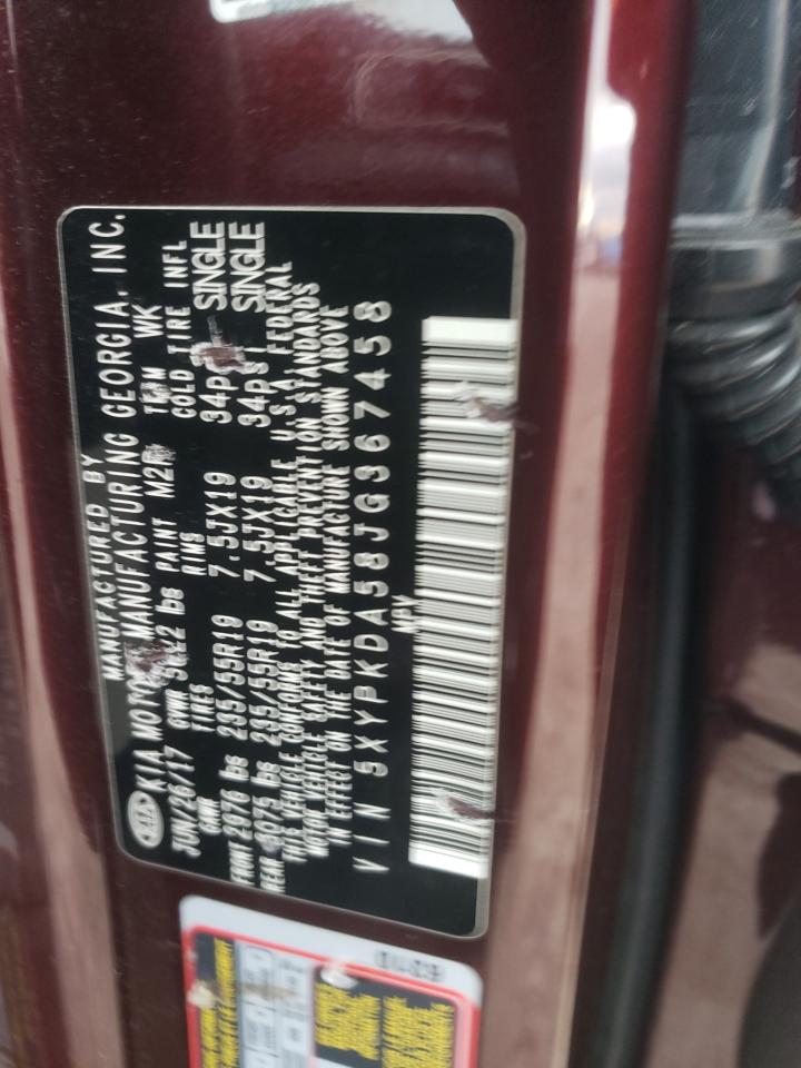 2018 KIA Sorento VIN 5XYPKDA58JG367458 Copart auction photo, front end damage thumbnail 16