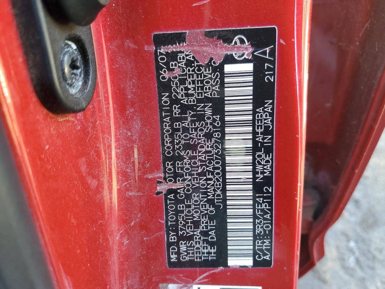2007 Toyota Prius VIN JTDKB20U073278164 Copart auction photo, all over damage thumbnail 12