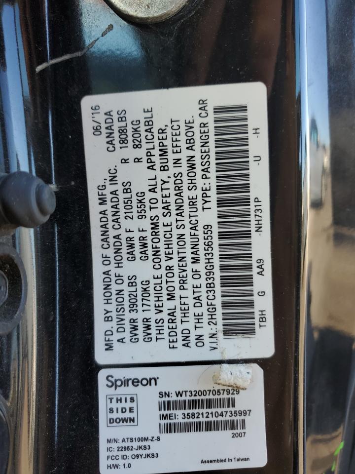 2016 Honda Civic VIN 2HGFC3B39GH356559 Copart auction photo, all over damage thumbnail 12