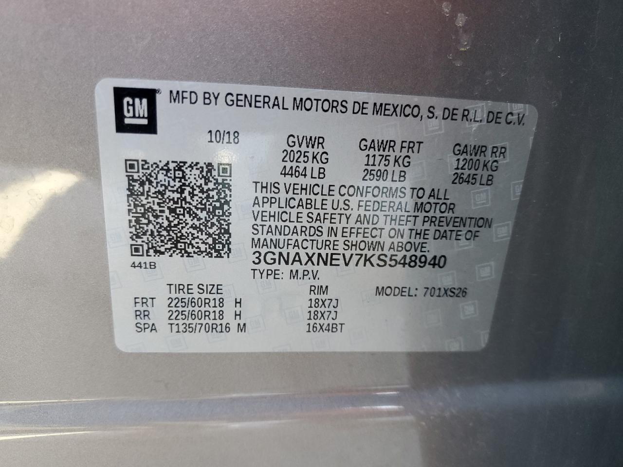 2019 Chevrolet Equinox VIN 3GNAXNEV7KS548940 Copart auction photo, hail / minor dent/scratches damage thumbnail 13