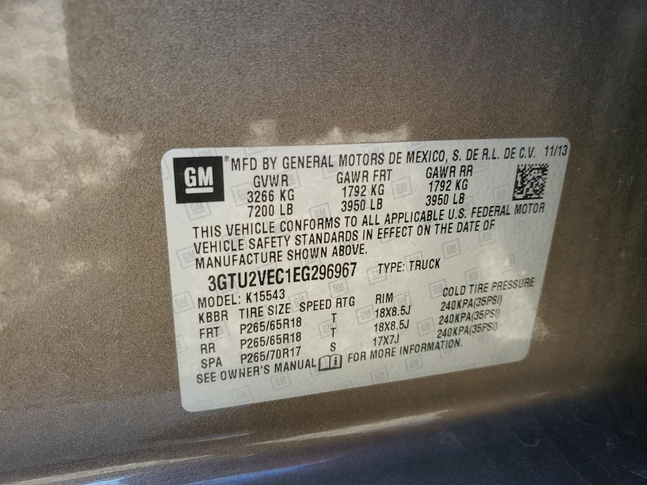 2014 GMC Sierra VIN 3GTU2VEC1EG296967 Copart auction photo, side / mechanical damage thumbnail 14