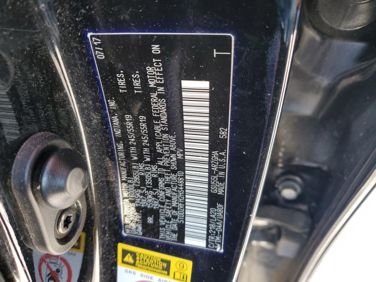 2017 Toyota Highlander VIN 5TDDZRFH2HS448810 Copart auction photo, front end / side damage thumbnail 14