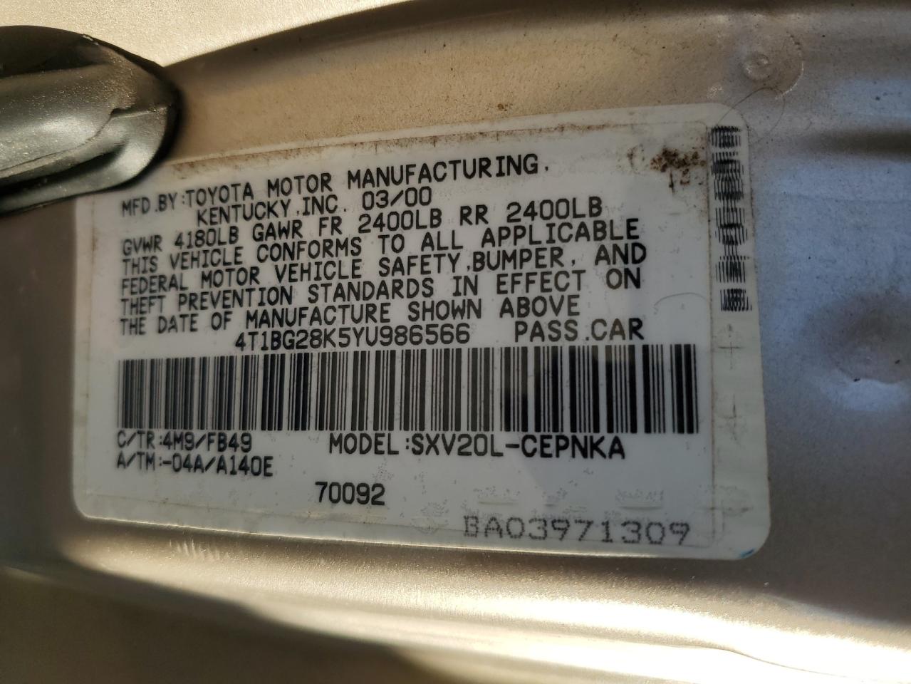 2000 Toyota Camry VIN 4T1BG28K5YU986566 Copart auction photo, front end / minor dent/scratches damage thumbnail 12