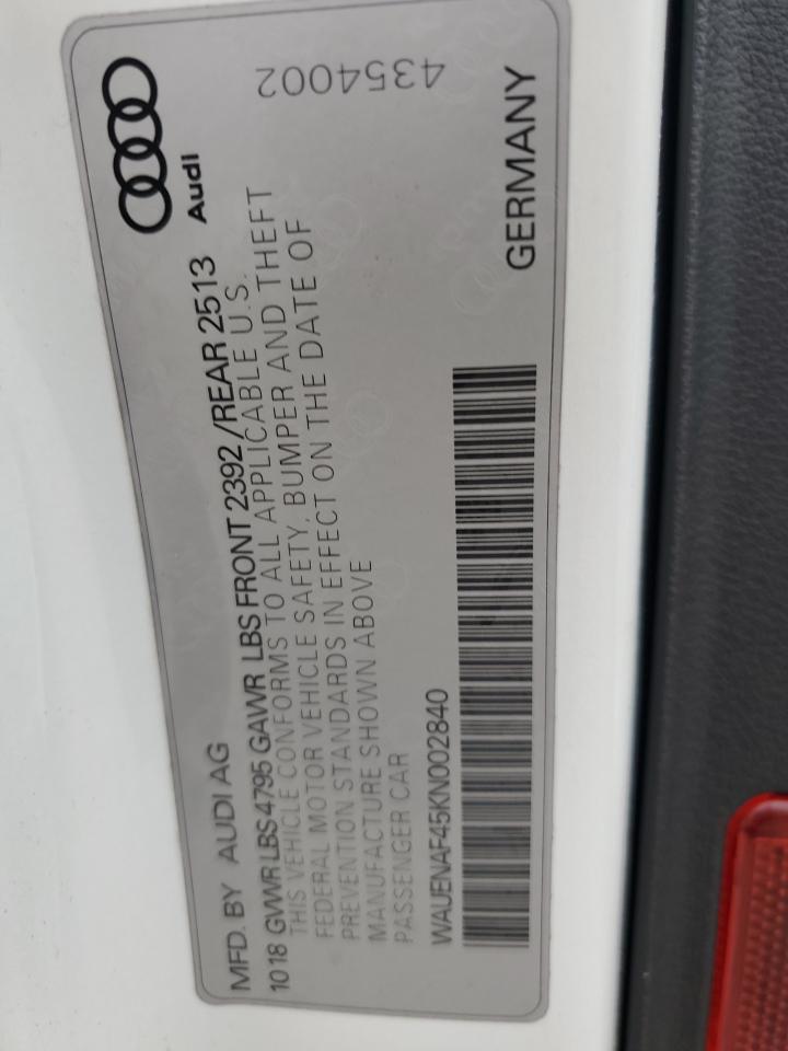 2019 Audi A4 VIN WAUENAF45KN002840 Copart auction photo, front end damage thumbnail 13