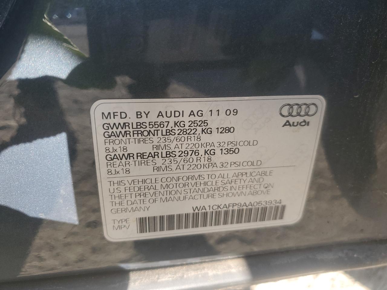 2010 Audi Q5 VIN WA1CKAFP9AA053934 Copart auction photo, all over damage thumbnail 13