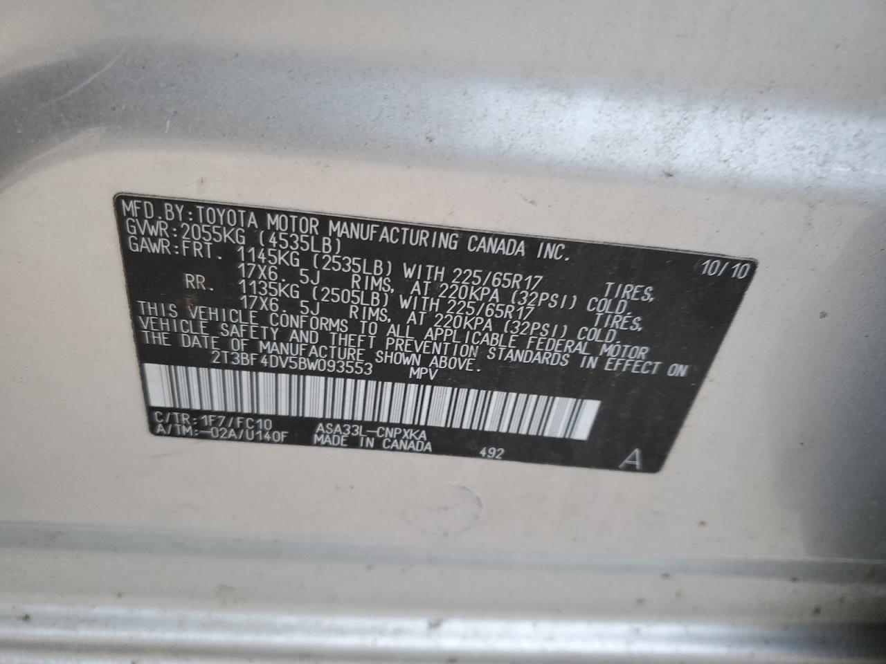 2011 Toyota RAV 4 VIN 2T3BF4DV5BW093553 Copart auction photo, minor dent/scratches damage thumbnail 13