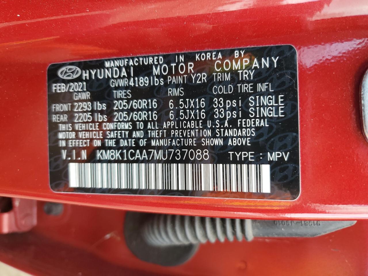 2021 Hyundai Kona VIN KM8K1CAA7MU737088 Copart auction photo, normal wear / minor dent/scratches damage thumbnail 12