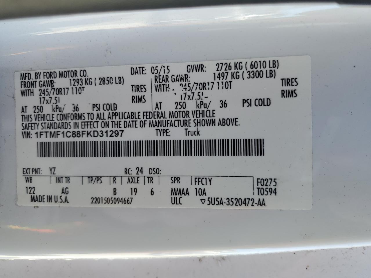 2015 Ford F-150 VIN 1FTMF1C88FKD31297 Copart auction photo, front end damage thumbnail 13