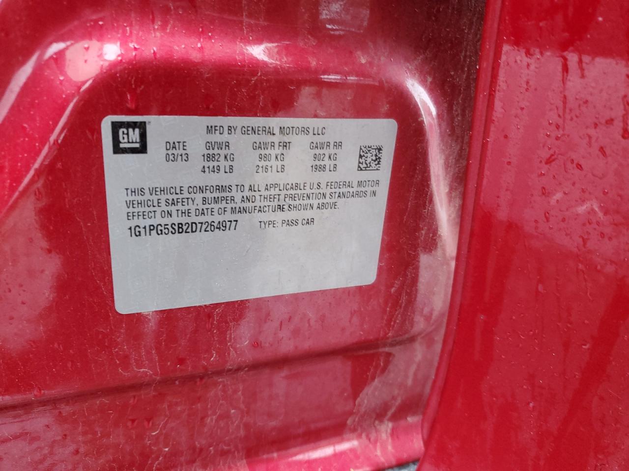 2013 Chevrolet Cruze VIN 1G1PG5SB2D7264977 Copart auction photo, side / front end damage thumbnail 14