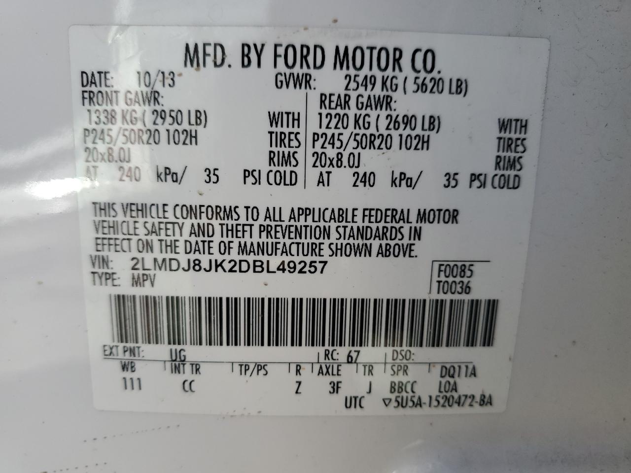 2013 Lincoln MKX VIN 2LMDJ8JK2DBL49257 Copart auction photo, front end damage thumbnail 13