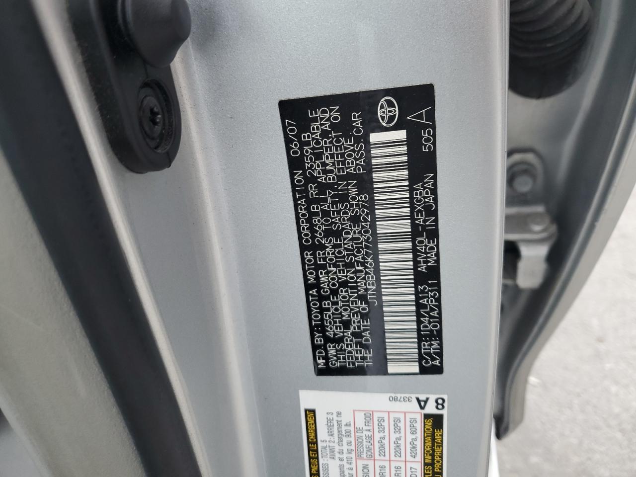 2007 Toyota Camry VIN JTNBB46K773042978 Copart auction photo, front end / minor dent/scratches damage thumbnail 12