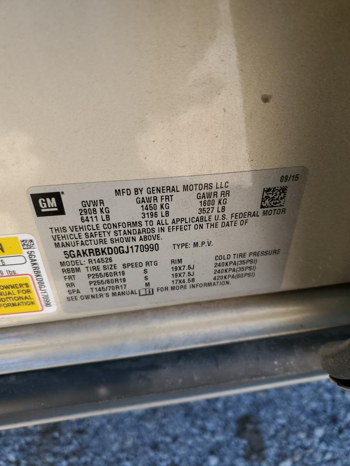 2016 Buick Enclave VIN 5GAKRBKD0GJ170990 Copart auction photo, front end damage thumbnail 13