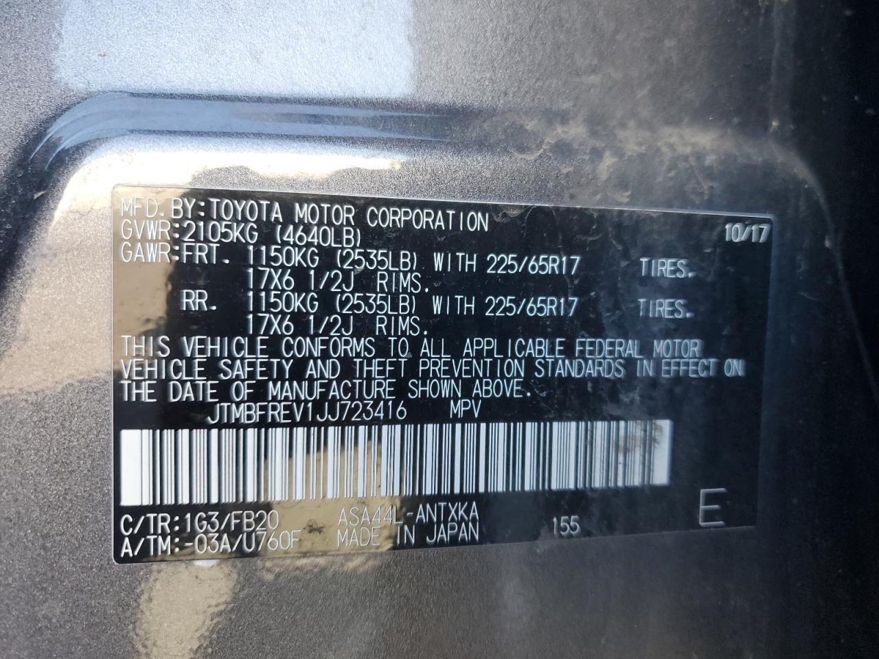 2018 Toyota RAV 4 VIN JTMBFREV1JJ723416 Copart auction photo, front end damage thumbnail 13