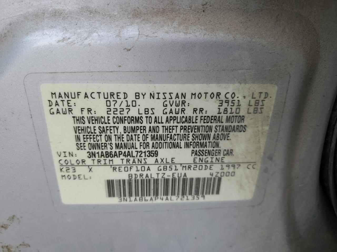 2010 Nissan Sentra VIN 3N1AB6AP4AL721359 Copart auction photo, front end damage thumbnail 12