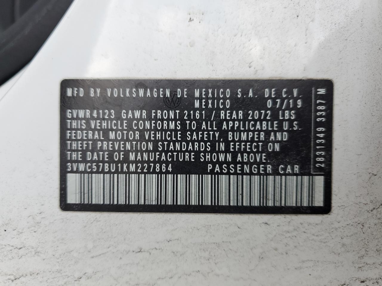 2019 Volkswagen Jetta VIN 3VWC57BU1KM227864 Copart auction photo, front end / rear end damage thumbnail 12