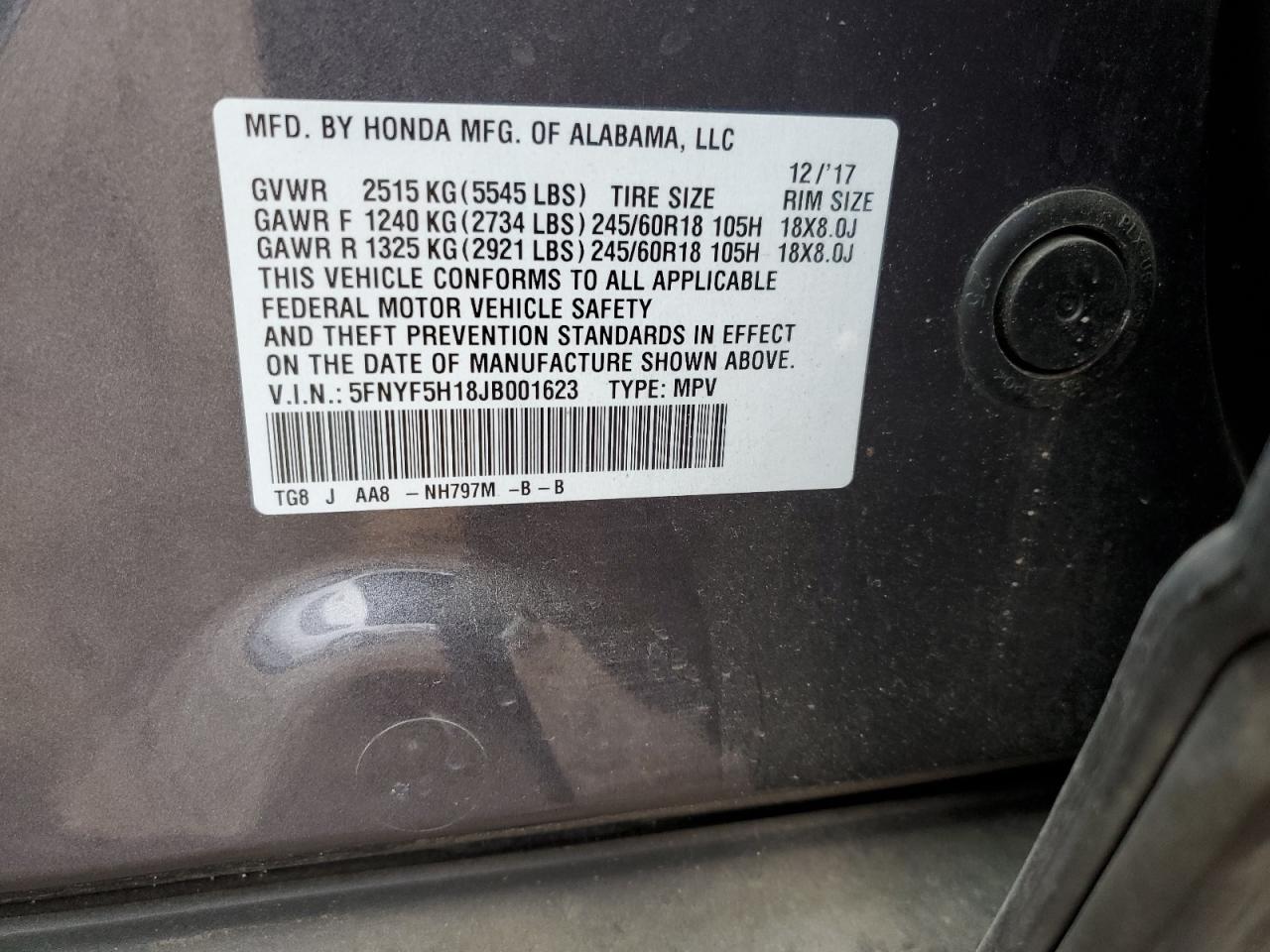 2018 Honda Pilot VIN 5FNYF5H18JB001623 Copart auction photo, front end damage thumbnail 13
