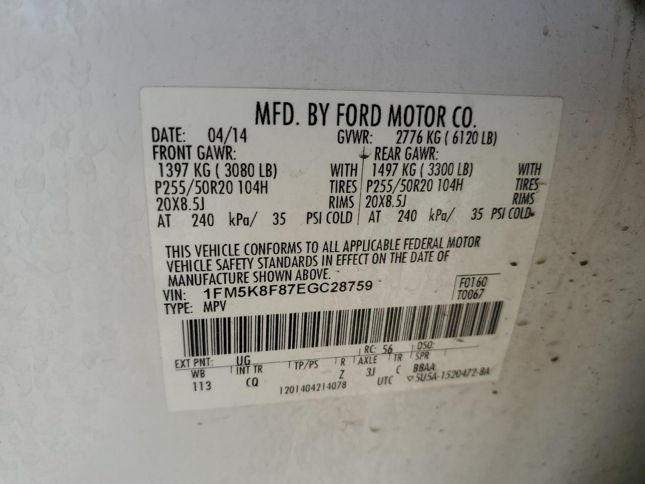 2014 Ford Explorer VIN 1FM5K8F87EGC28759 Copart auction photo, front end damage thumbnail 14