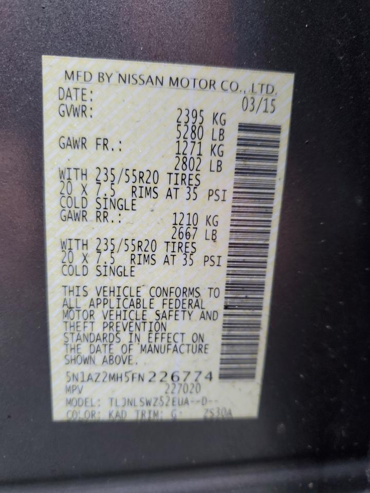 2015 Nissan Murano VIN 5N1AZ2MH5FN226774 Copart auction photo, side damage thumbnail 13