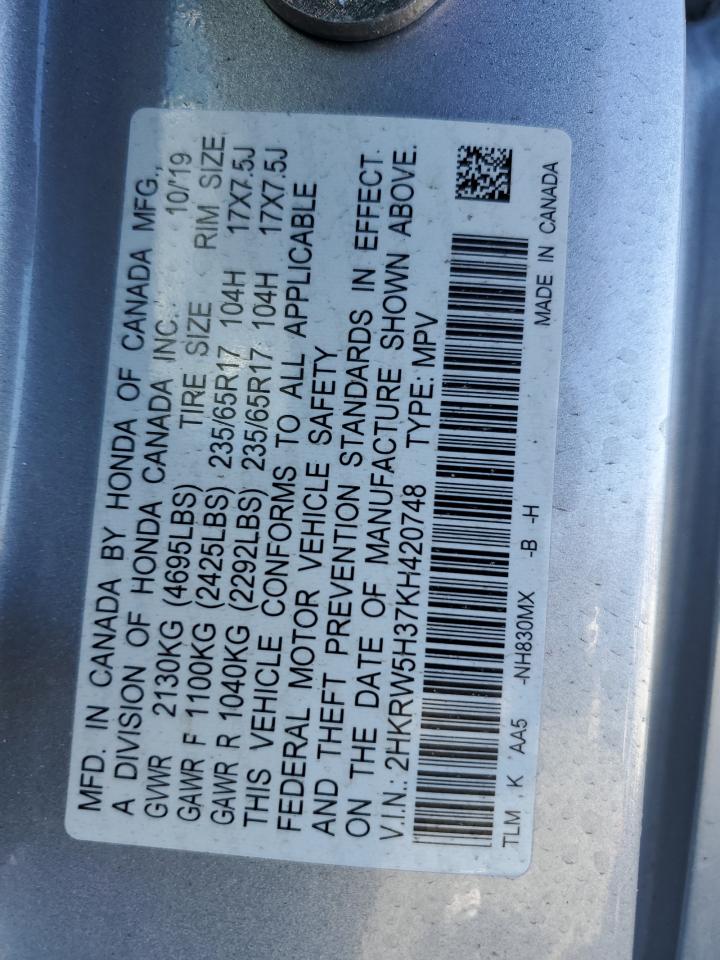2019 Honda CR-V VIN 2HKRW5H37KH420748 Copart auction photo, all over damage thumbnail 15