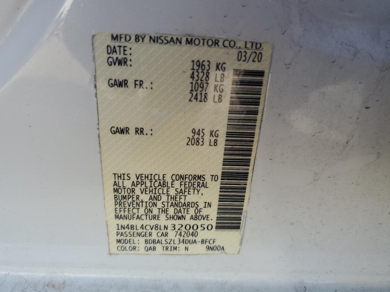 2020 Nissan Altima VIN 1N4BL4CV8LN320050 Copart auction photo, rear end / front end damage thumbnail 12