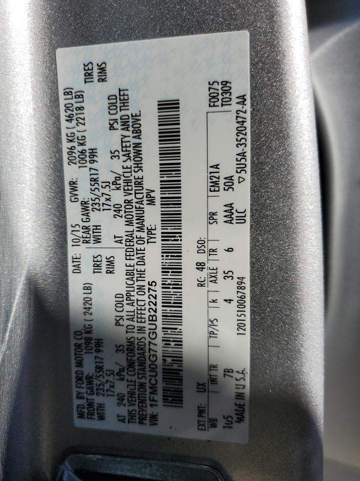 2016 Ford Escape VIN 1FMCU0G77GUB22275 Copart auction photo, front end damage thumbnail 16