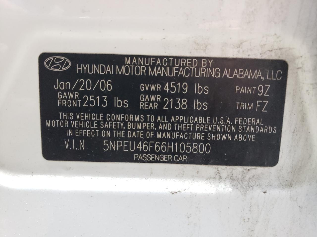 2006 Hyundai Sonata VIN 5NPEU46F66H105800 Copart auction photo, front end / rear end damage thumbnail 13
