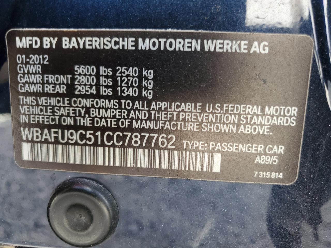 2012 BMW 5er VIN WBAFU9C51CC787762 Copart auction photo, front end damage thumbnail 12
