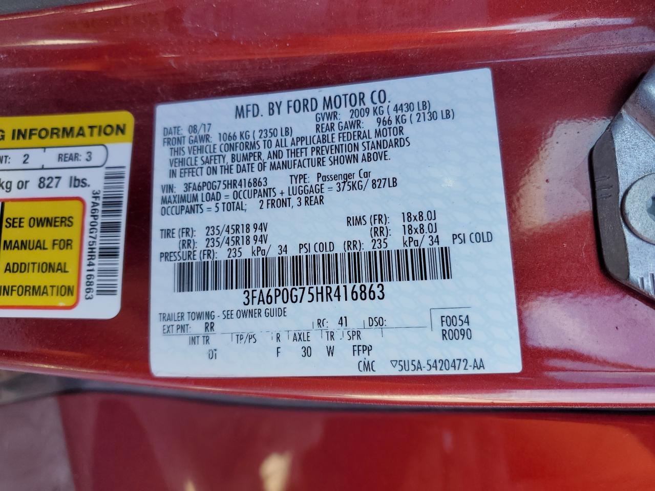 2017 Ford Fusion VIN 3FA6P0G75HR416863 Copart auction photo, front end damage thumbnail 13