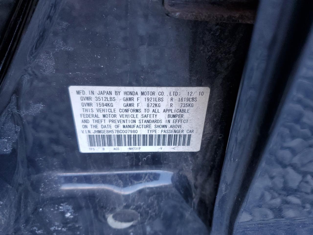 2011 Honda Fit VIN JHMGE8H57BC007980 Copart auction photo, front end damage thumbnail 12