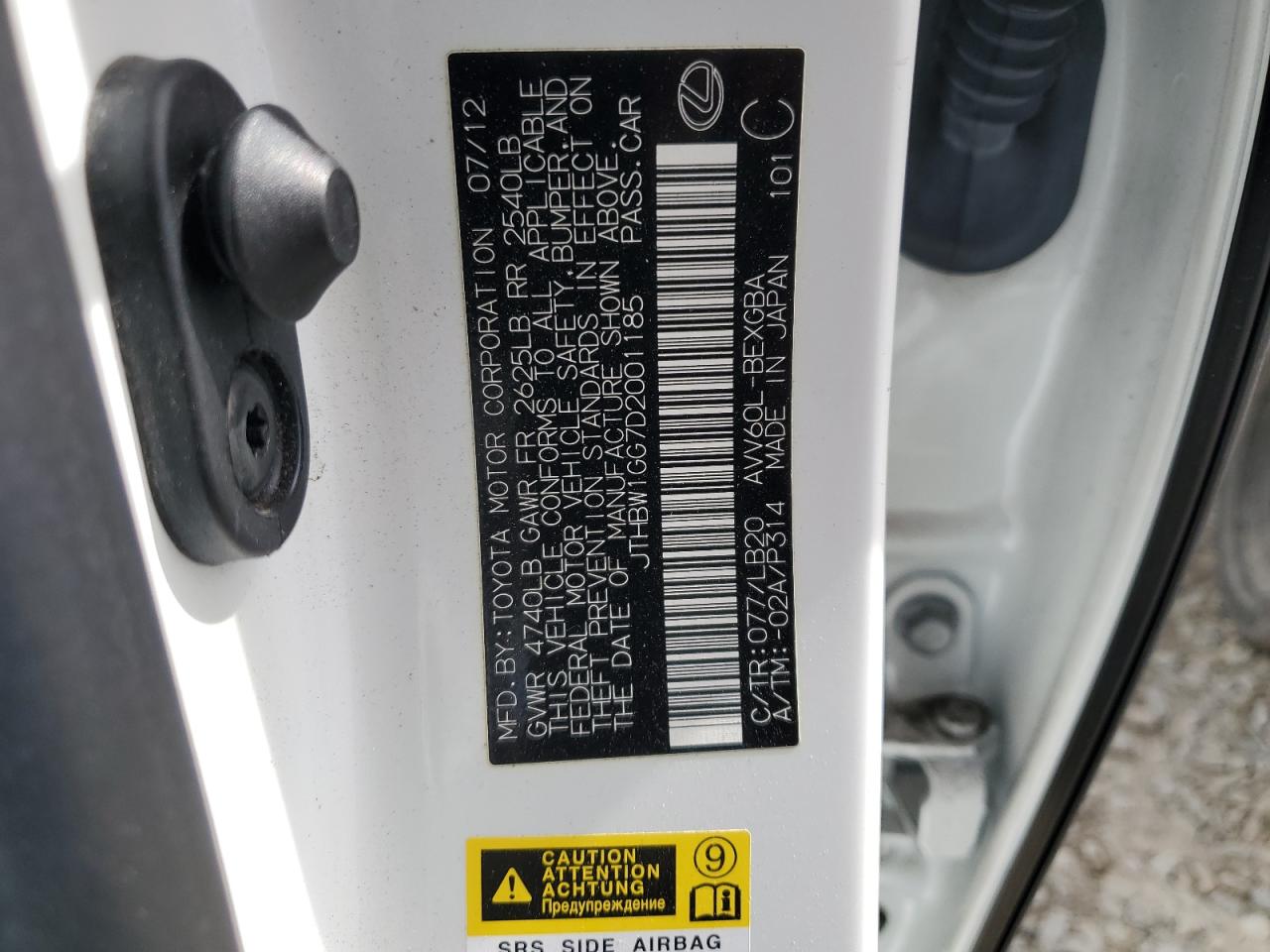 2013 Lexus ES VIN JTHBW1GG7D2001185 Copart auction photo, front end damage thumbnail 13