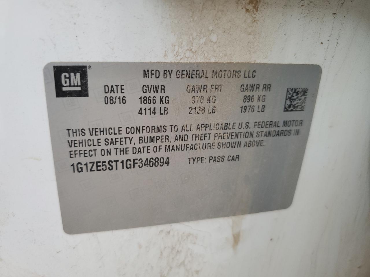 2016 Chevrolet Malibu VIN 1G1ZE5ST1GF346894 Copart auction photo, front end / side damage thumbnail 12
