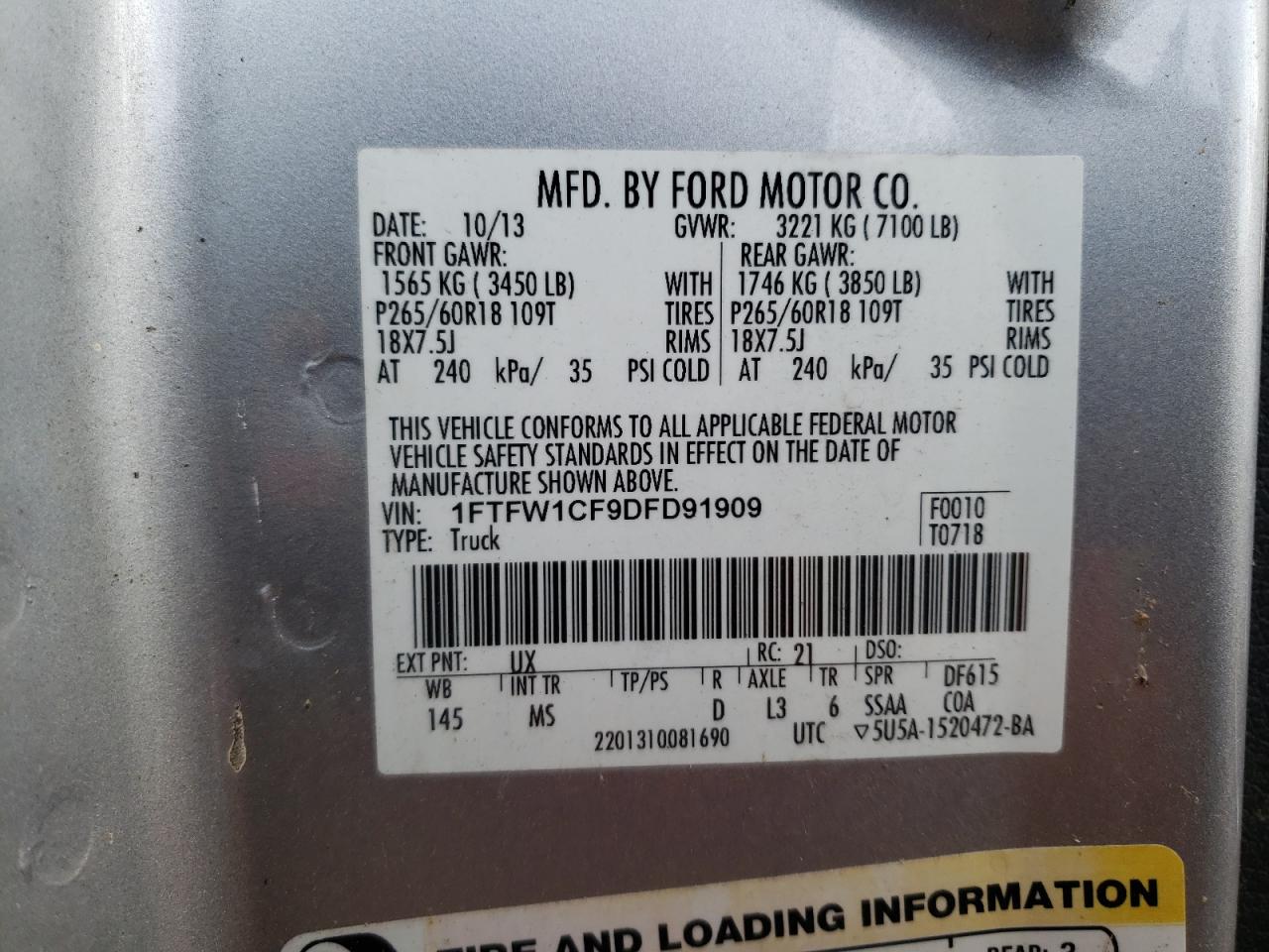 2013 Ford F-150 VIN 1FTFW1CF9DFD91909 Copart auction photo, front end / side damage thumbnail 12