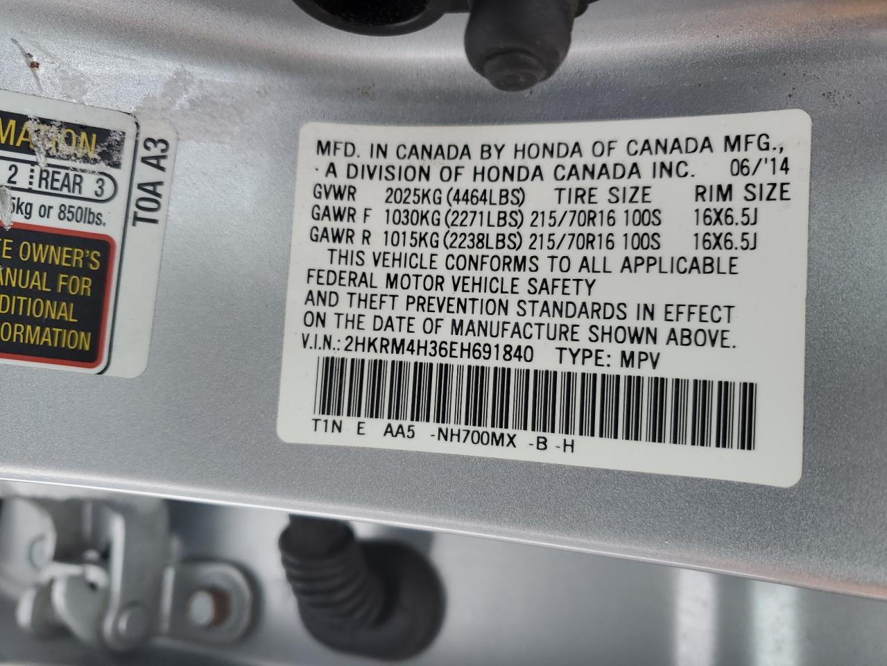 2014 Honda CR-V VIN 2HKRM4H36EH691840 Copart auction photo, front end damage thumbnail 16
