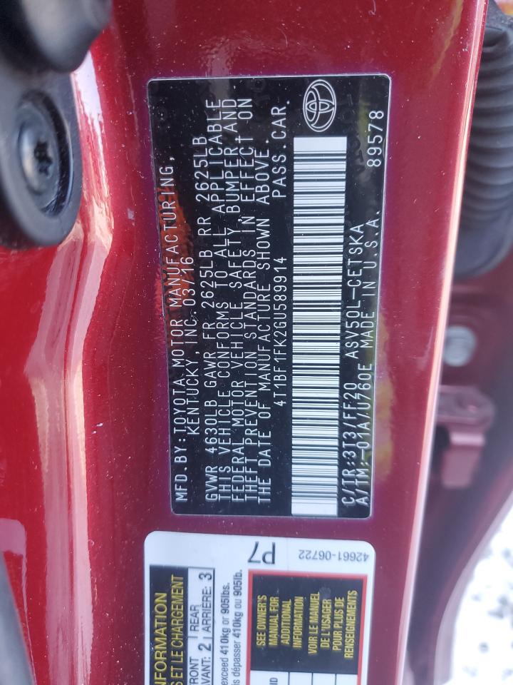 2016 Toyota Camry VIN 4T1BF1FK2GU589914 Copart auction photo, front end / normal wear damage thumbnail 12