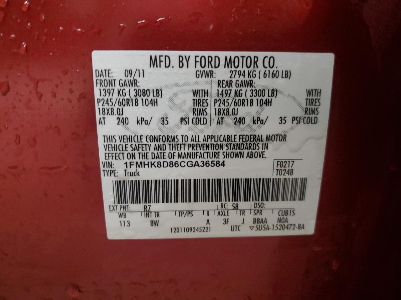 2012 Ford Explorer VIN 1FMHK8D86CGA36584 Copart auction photo, front end / side damage thumbnail 15