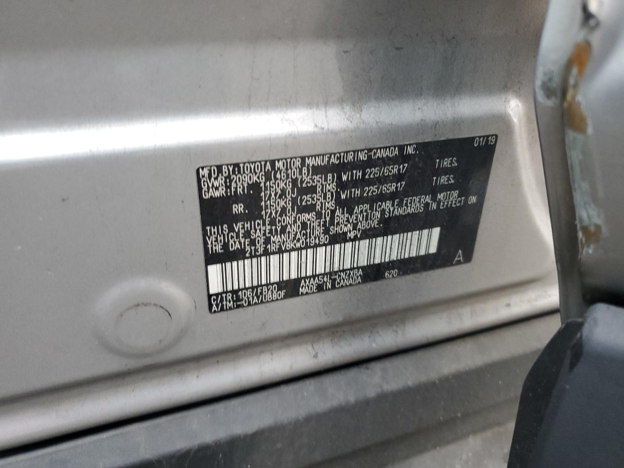 2019 Toyota RAV 4 VIN 2T3F1RFV8KW019490 Copart auction photo, all over / front end damage thumbnail 14