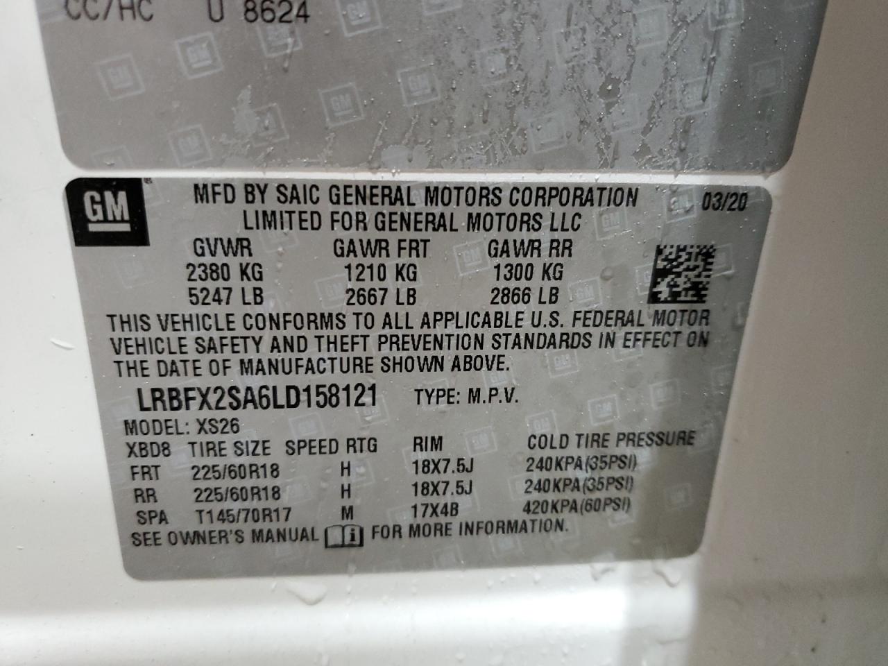 2020 Buick Envision VIN LRBFX2SA6LD158121 Copart auction photo, rear end damage thumbnail 13
