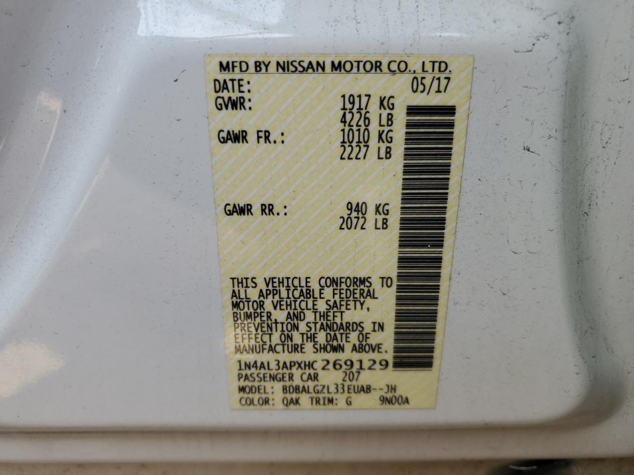 2017 Nissan Altima VIN 1N4AL3APXHC269129 Copart auction photo, all over damage thumbnail 12