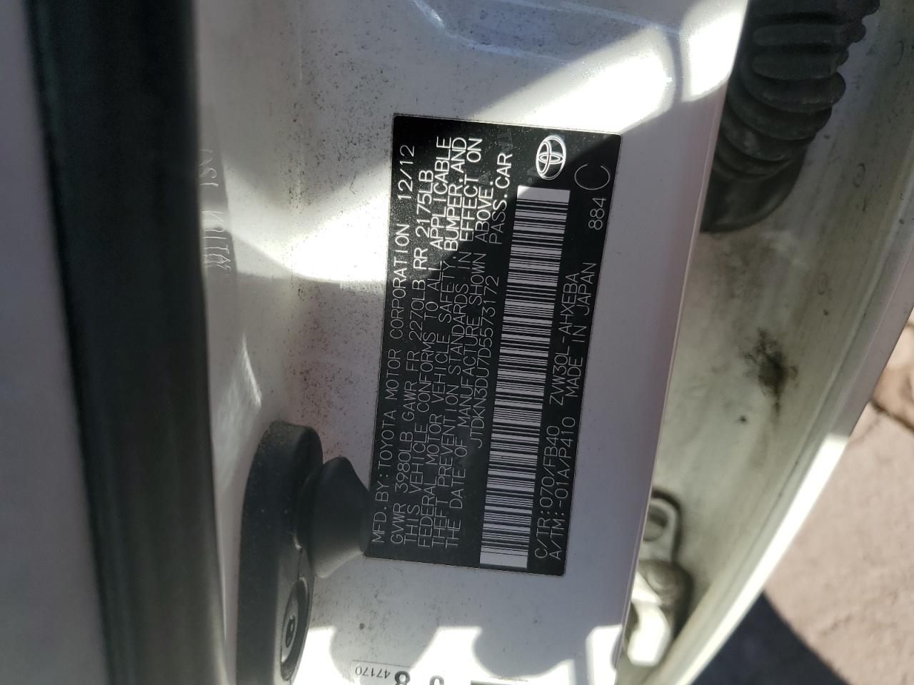 2013 Toyota Prius VIN JTDKN3DU7D5573172 Copart auction photo, side / all over damage thumbnail 12