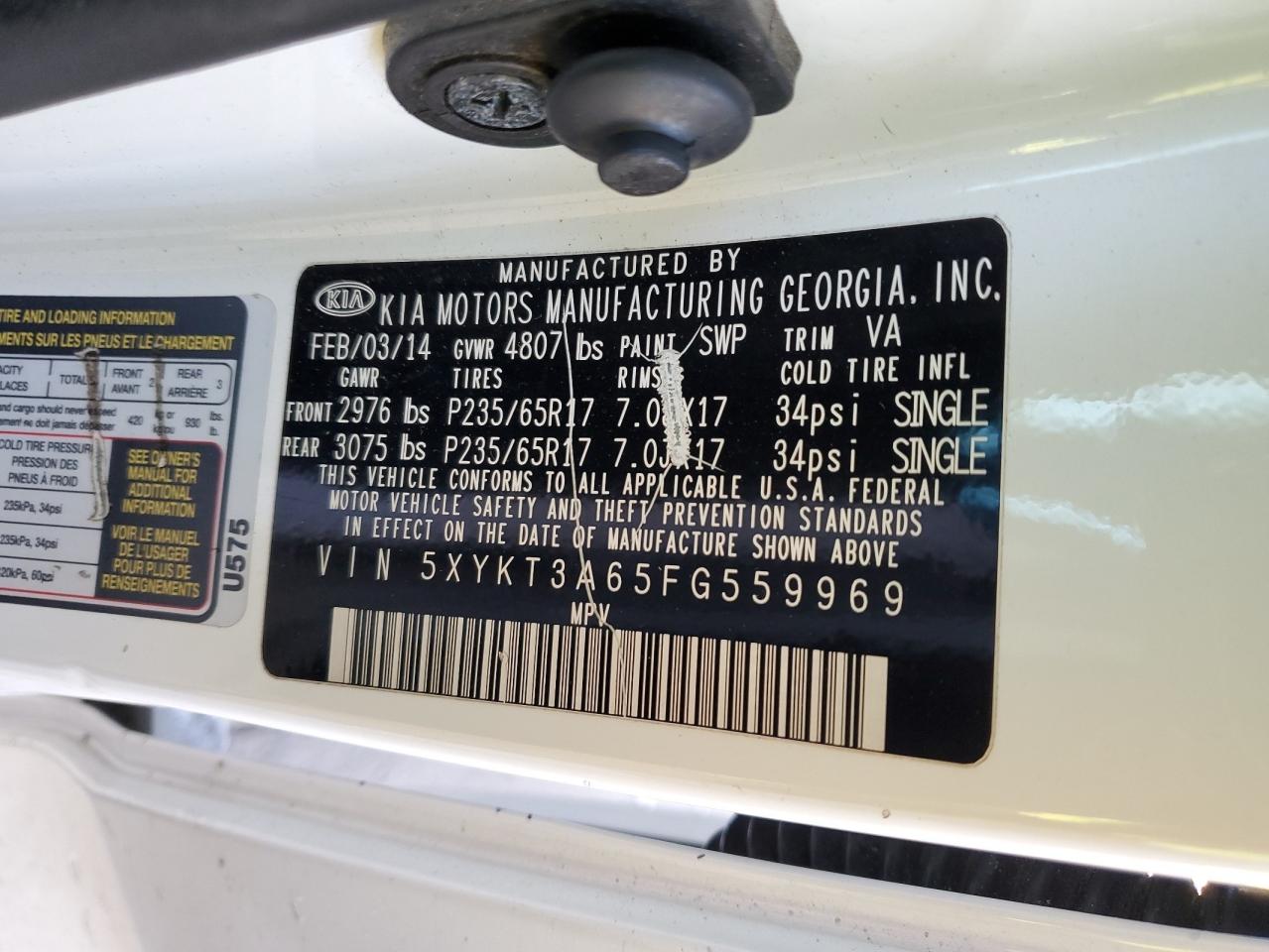 2015 KIA Sorento VIN 5XYKT3A65FG559969 Copart auction photo, front end / minor dent/scratches damage thumbnail 15