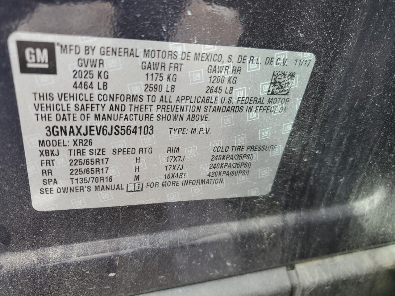 2018 Chevrolet Equinox VIN 3GNAXJEV6JS564103 Copart auction photo, front end damage thumbnail 16