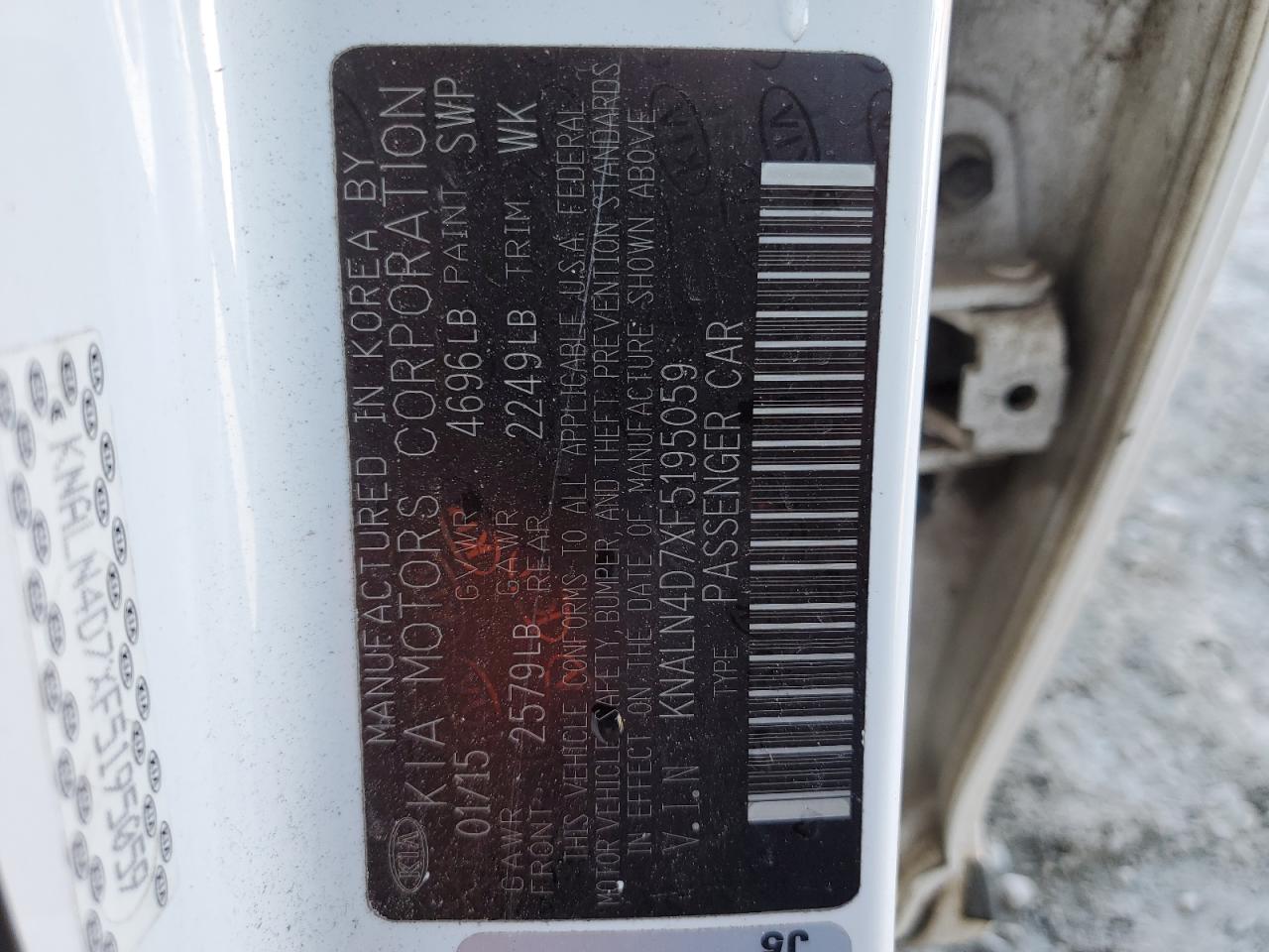2015 KIA Cadenza VIN KNALN4D7XF5195059 Copart auction photo, side / front end damage thumbnail 12