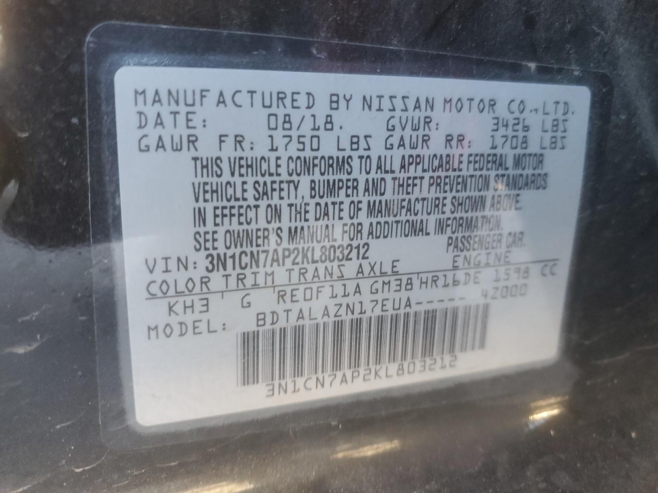2019 Nissan Versa VIN 3N1CN7AP2KL803212 Copart auction photo, front end / mechanical damage thumbnail 12